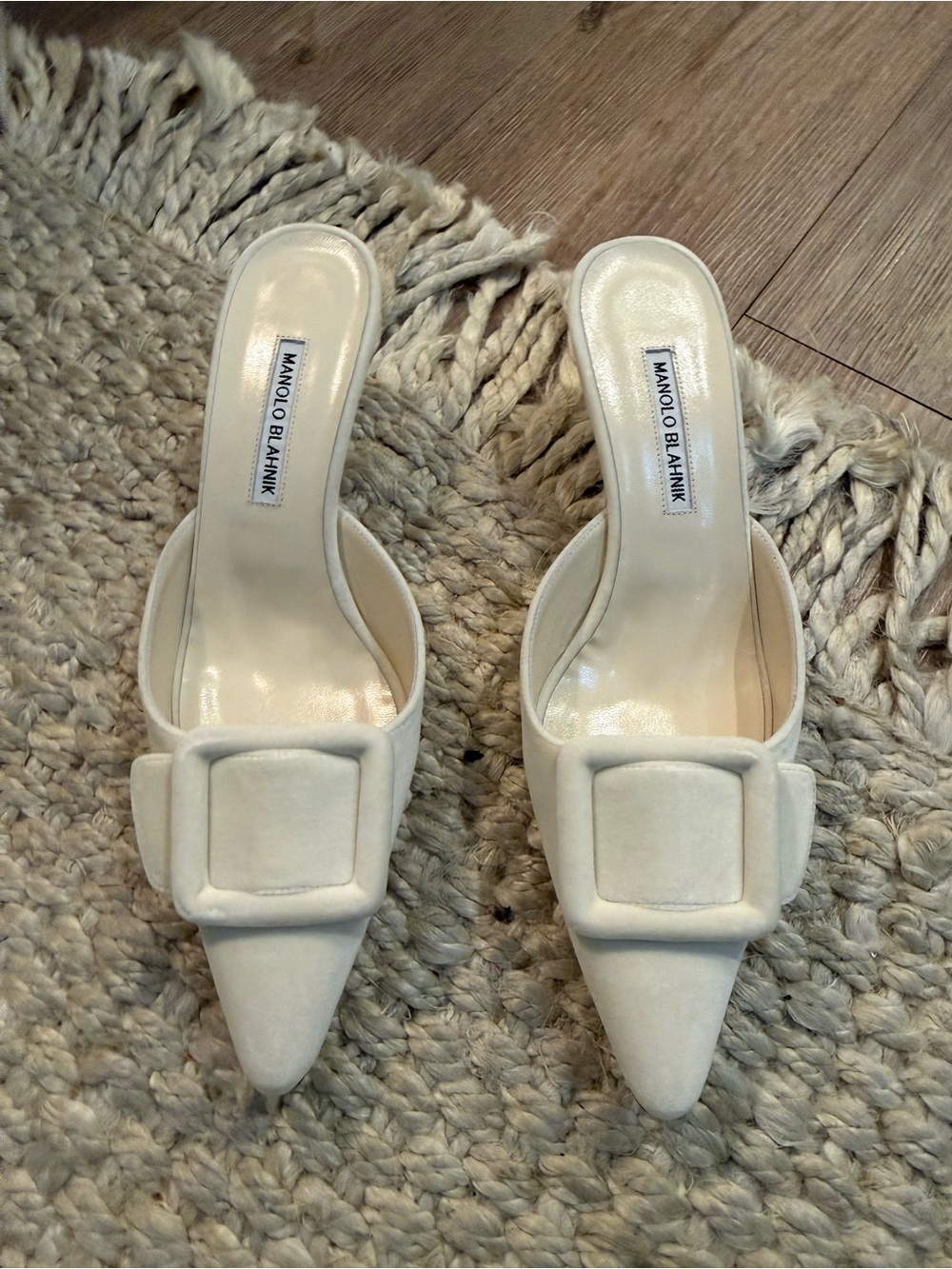 Manolo Blahnik Ivory Pointed Buckle Slip-On Mules
